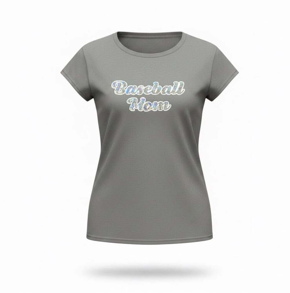 Gildan Heavy Cotton Gray Baseball Mom Holographic Lettering T-Shirt